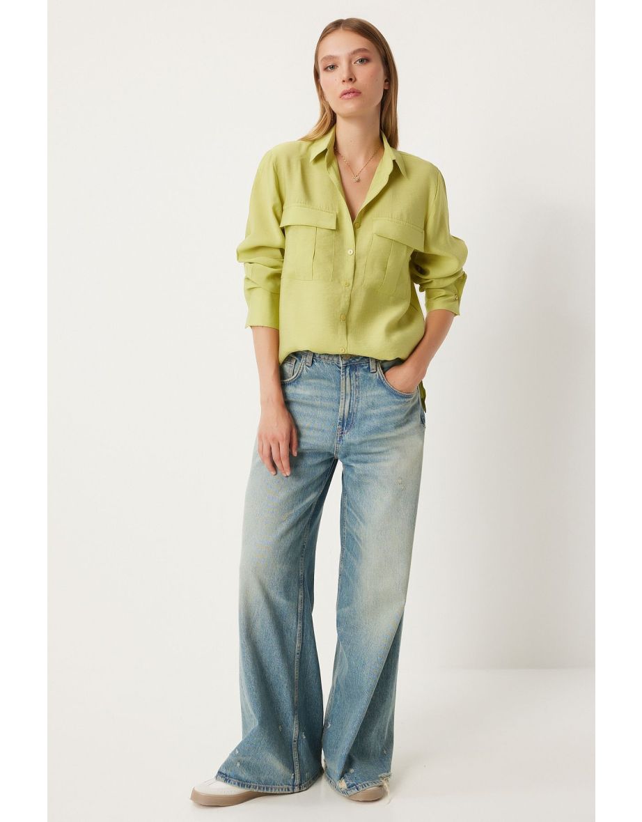 Women's Oil Green Wide Pocket Tencel Shirt