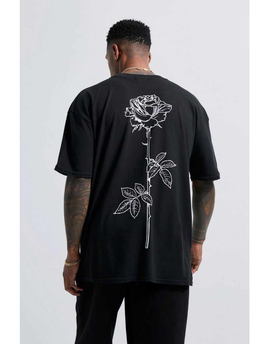 Line Drawn Rose Stem Print T-shirt - black