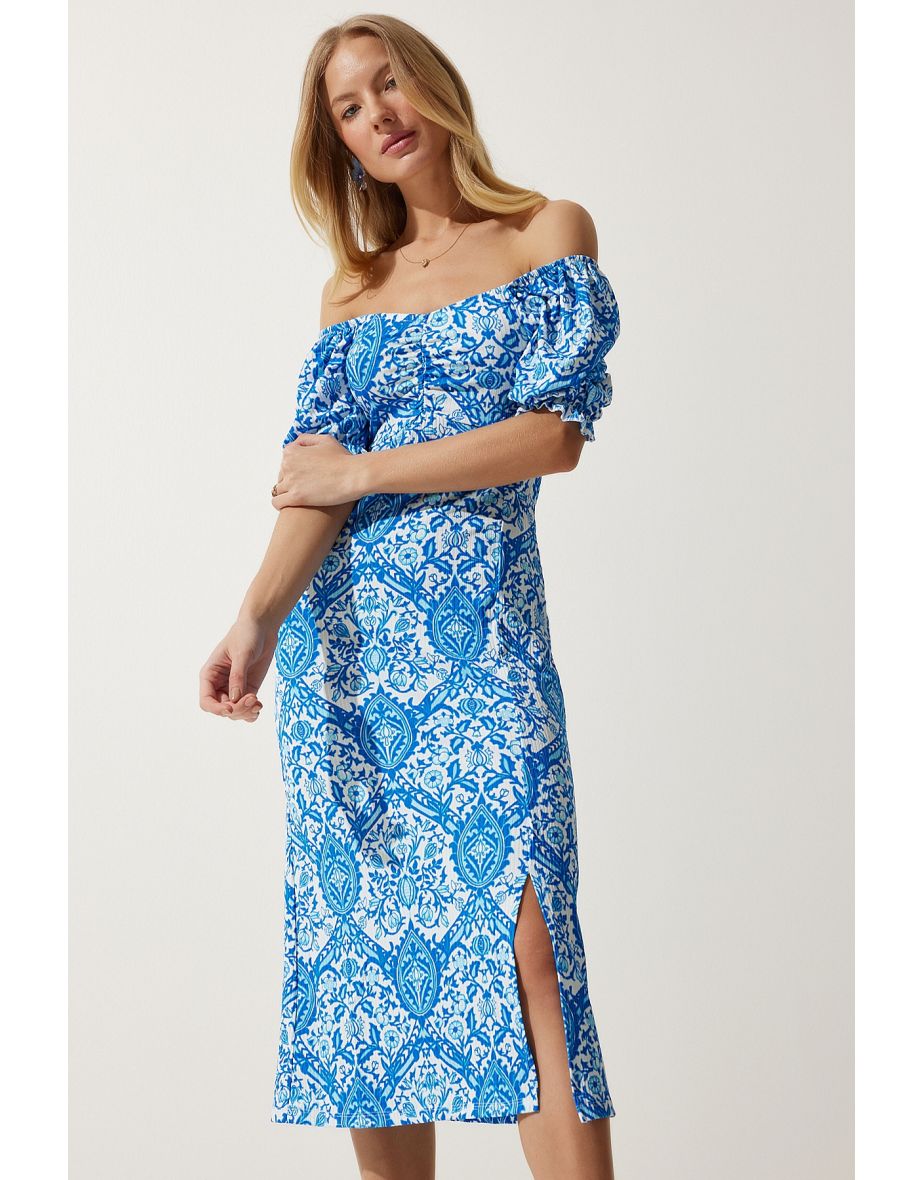 Women's Blue White Elastic Carmen Collar Summer Viscose Dress