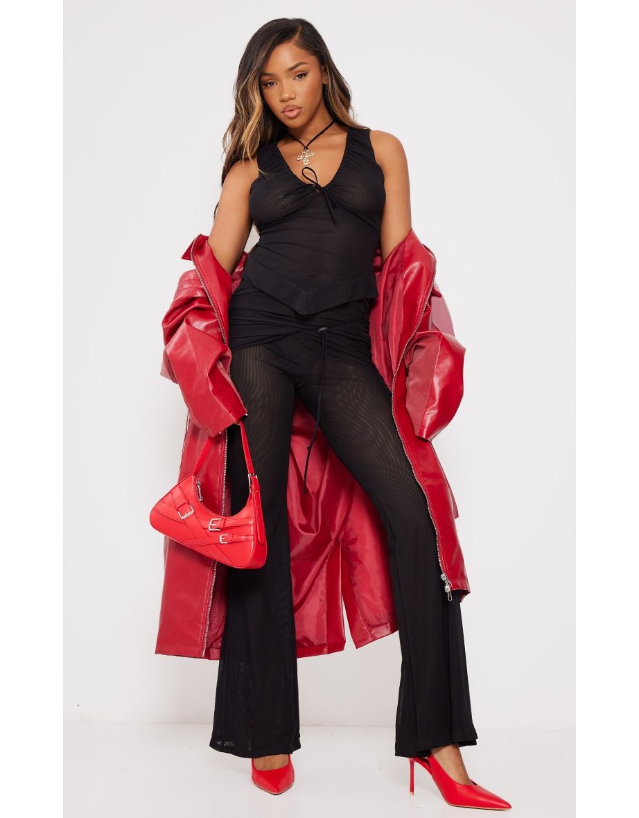 Black Sheer Mesh Drawstring Fold Over Hem Flared Trousers