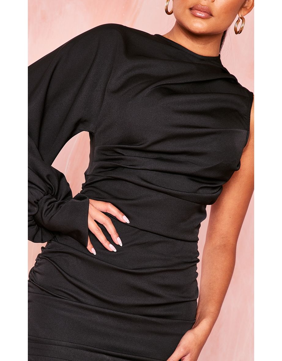 Black One Sleeve Ruched Woven Bodycon Dress - 3