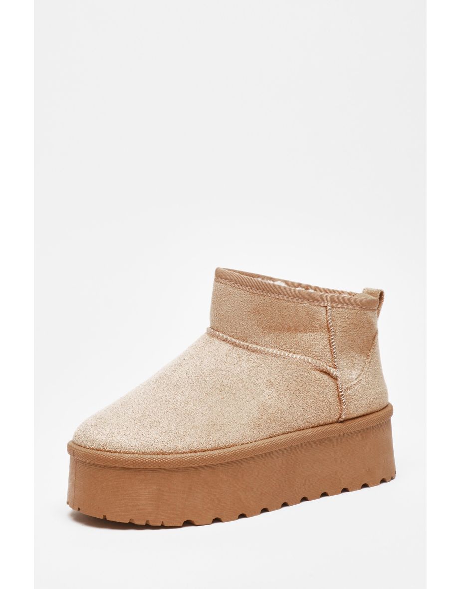 Beige Faux Suede Platform Ankle Boots