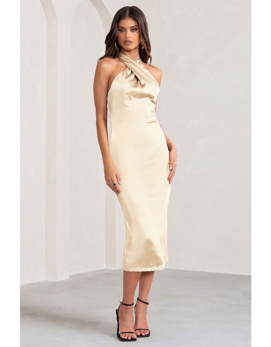 Dazzling | Cream Cross Over Halter Neck Midi Dress