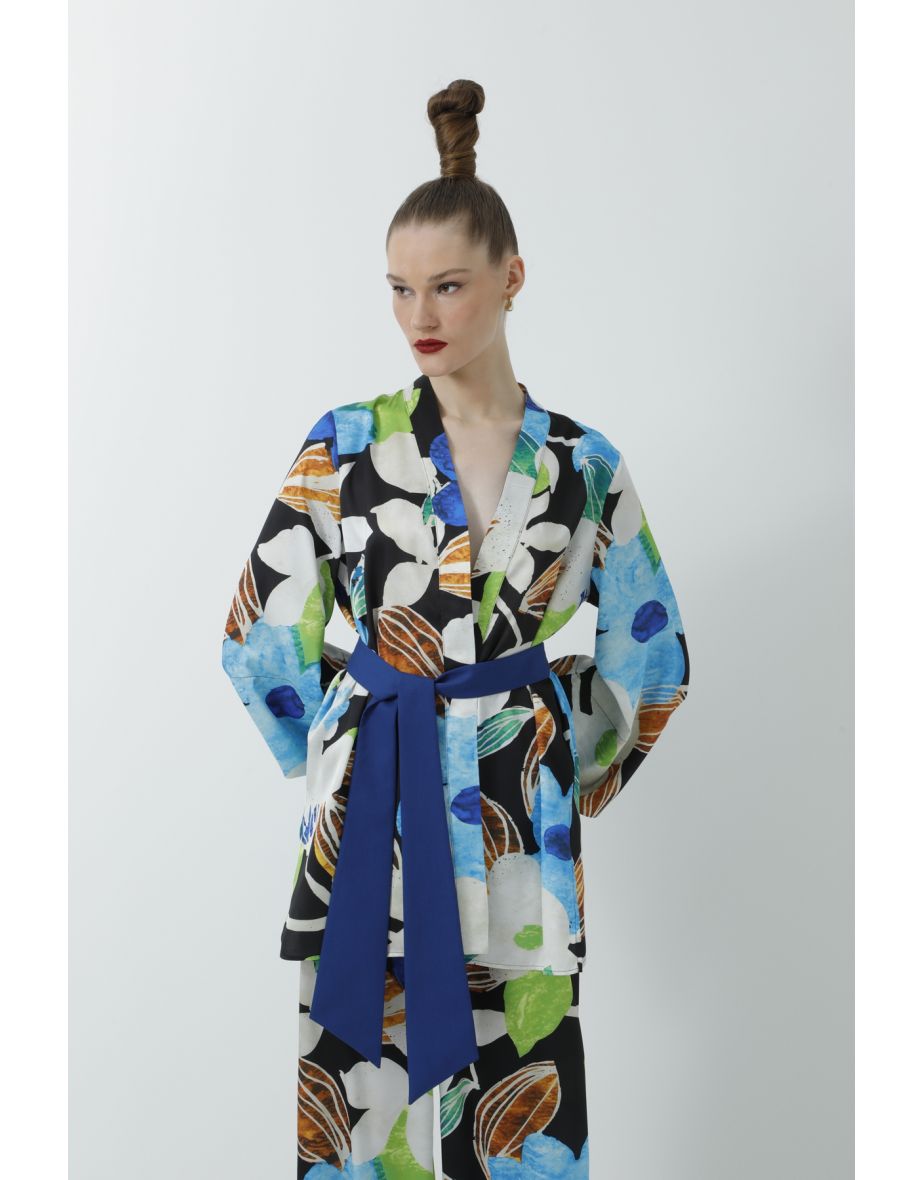 Black Kimono Suit With Comfortable Cut Trousers With Colorful Floral Pattern