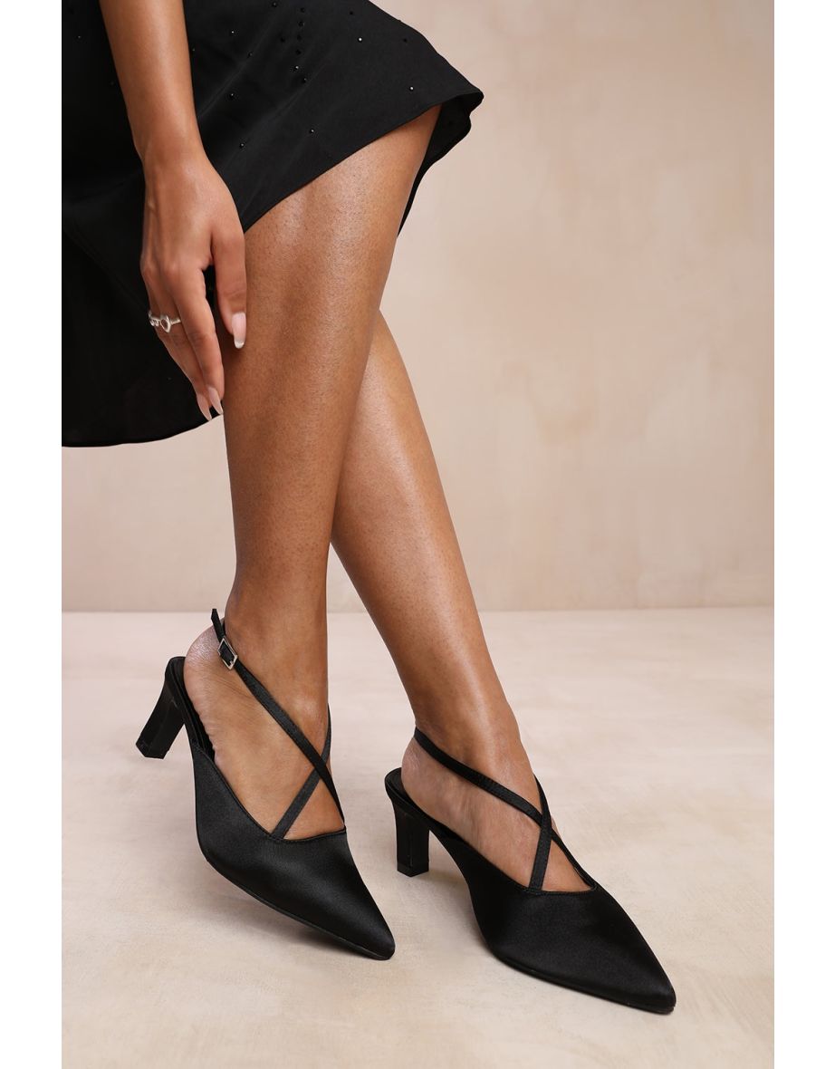 SERNA POINTED TOE LOW BLOCK HEEL WITH CROSS OVER ANKLE STRAP IN BLACK SATIN - 3