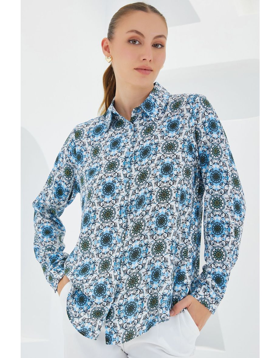 Women's Turquoise White Graphic Patterned Viscose Shirt