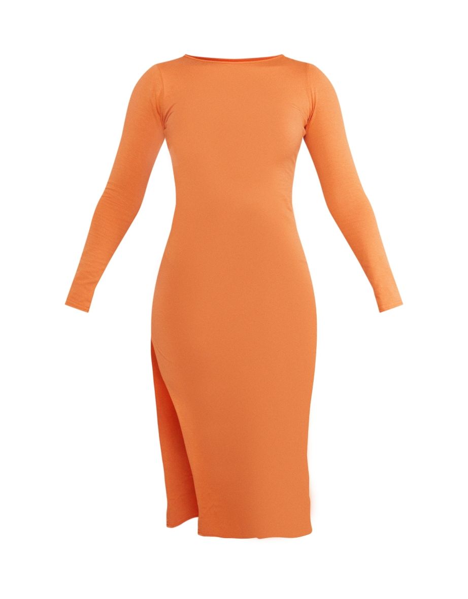 Orange Cotton Scoop Back Tie Long Sleeve Midaxi Dress - 4