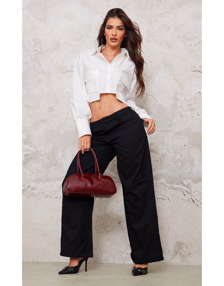 Black Low Rise Twill Wide Leg Trousers