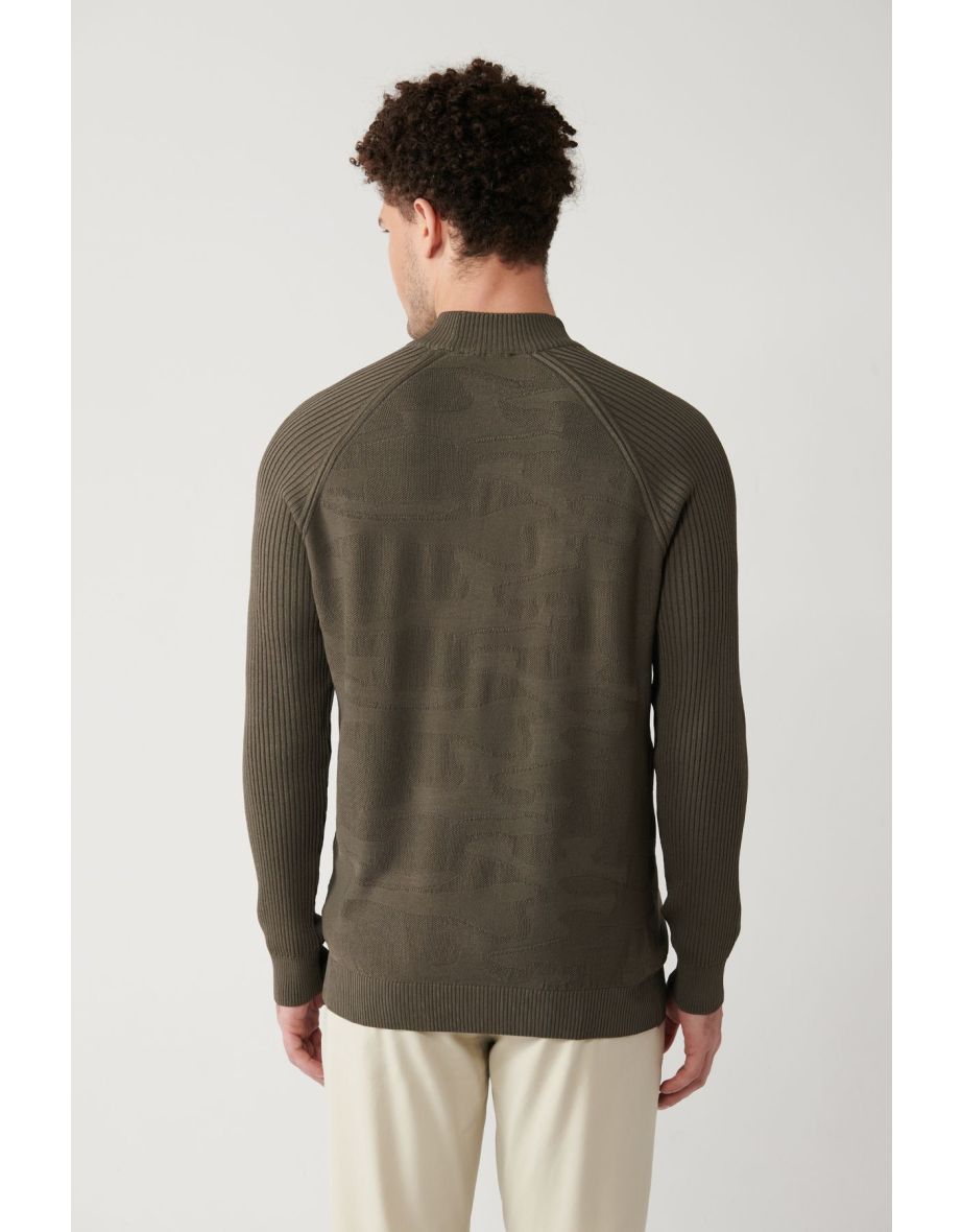 Men's Khaki Crew Neck Camouflage Patterned Rayon Knitwear Sweater - 4