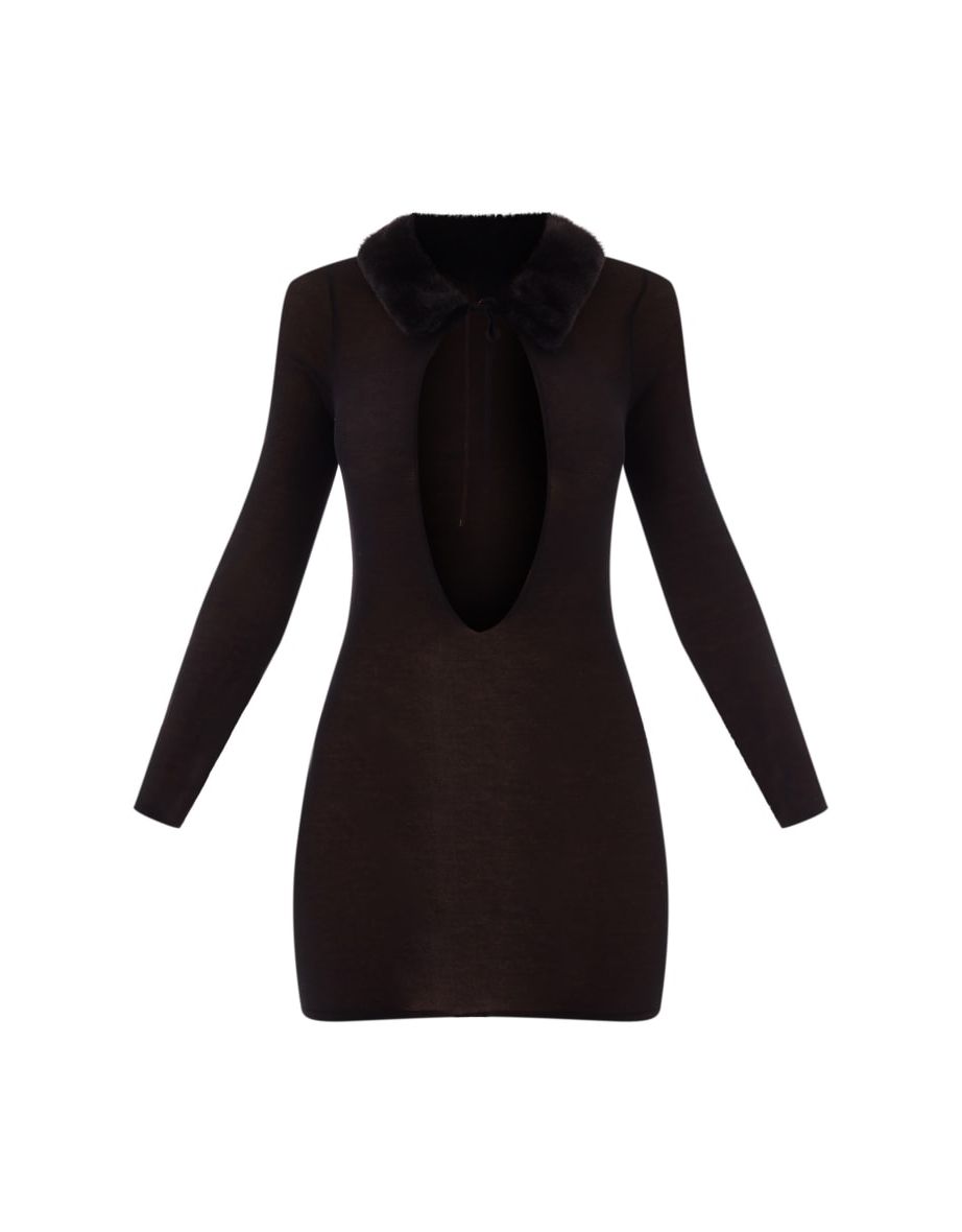 Black Faux Fur Collar Sheer Knit Mini Dress - 1
