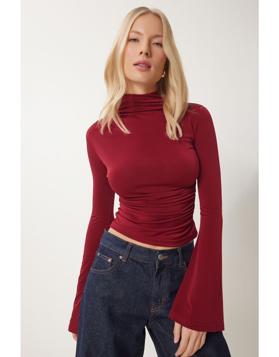 Women's Claret Red Spanish Sleeve Gathered Sandy Knitted Blouse