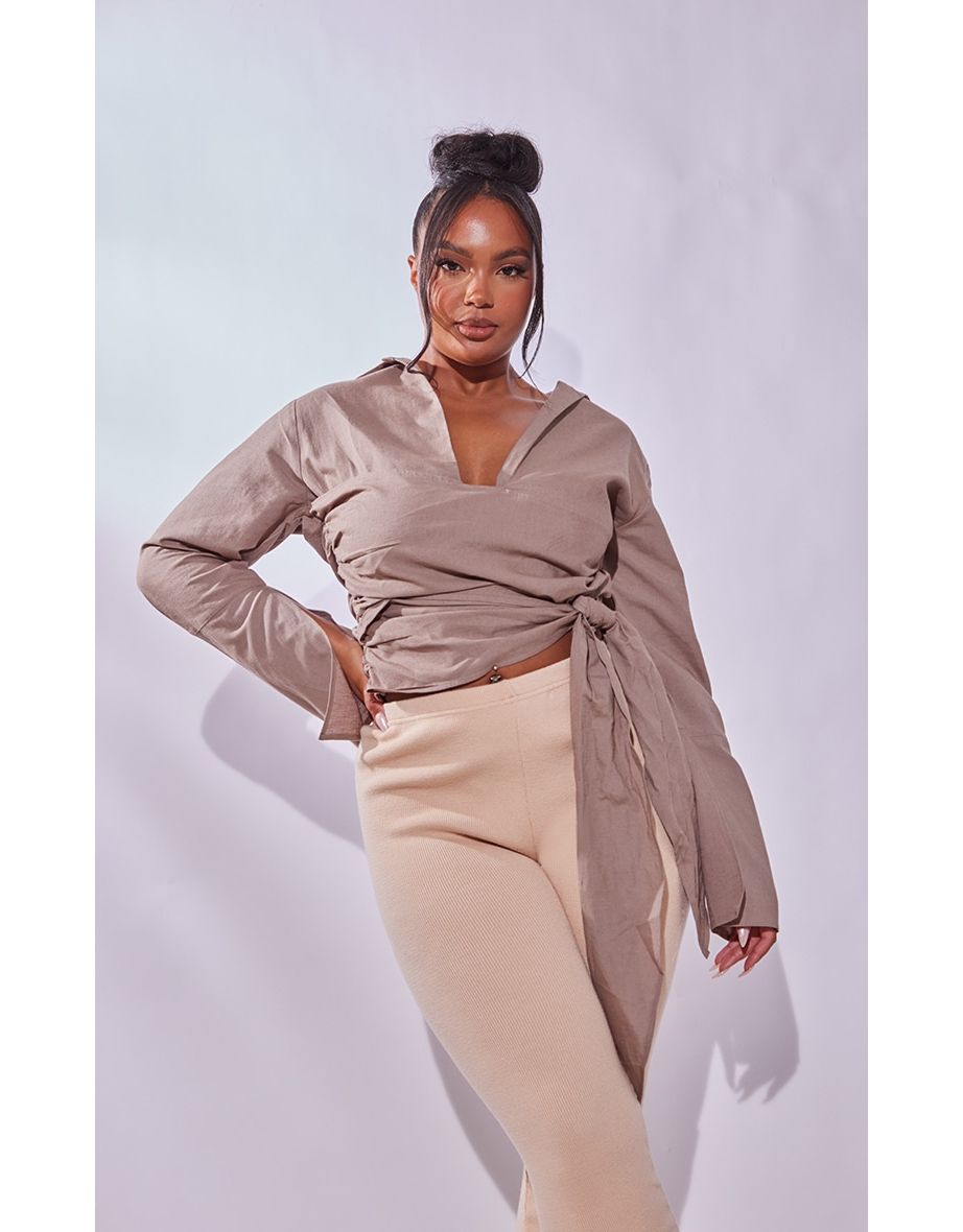 Plus Taupe Linen Look Wrap Tie Front Shirt