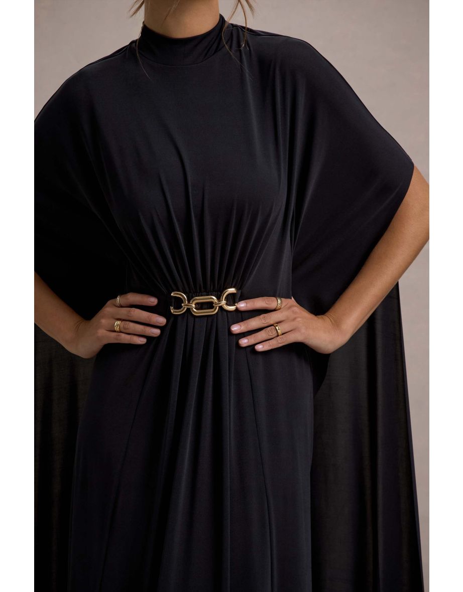 Olessia | Black Belted Gathered Cape-Sleeve Maxi Dress - 5