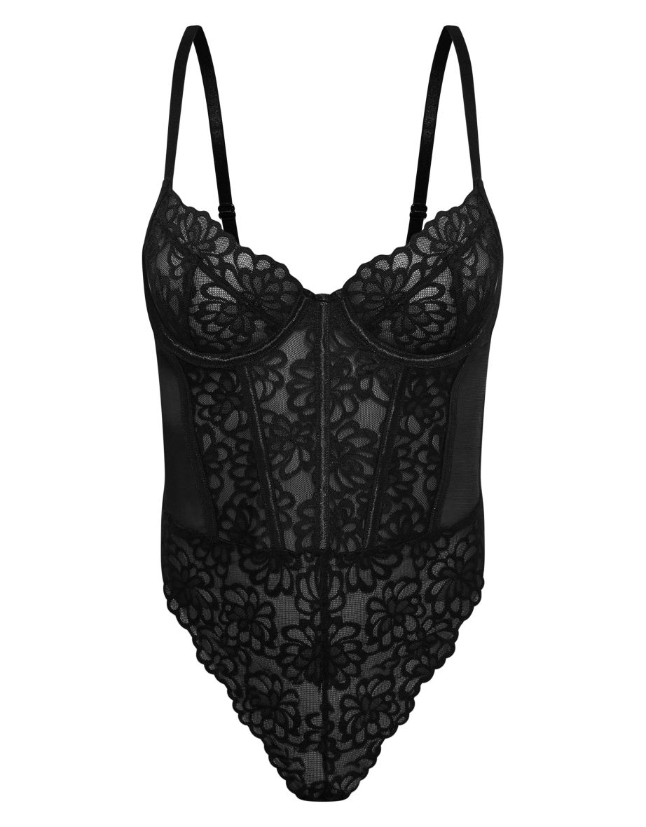 Black Floral Scalloped Edge Lace Cut Out Bodysuit - 3