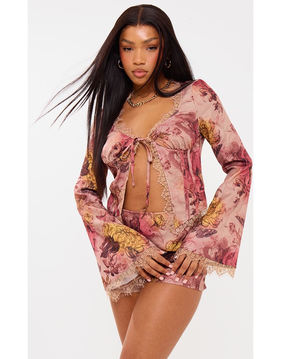 Brown Floral Woven Corset Frill Detail Flare Sleeve Playsuit