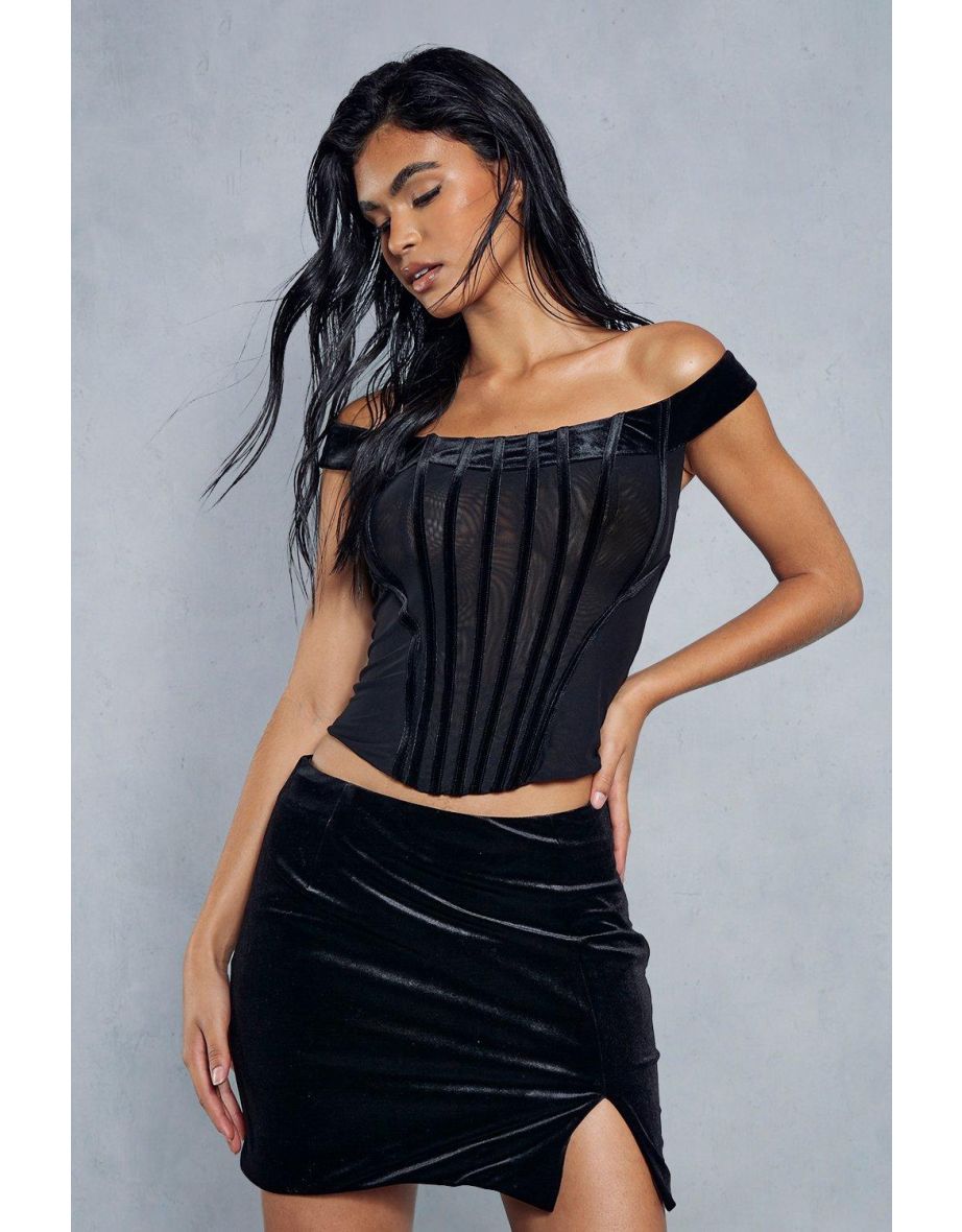 Black Velvet Bodycon Mini Skirt with Slit
