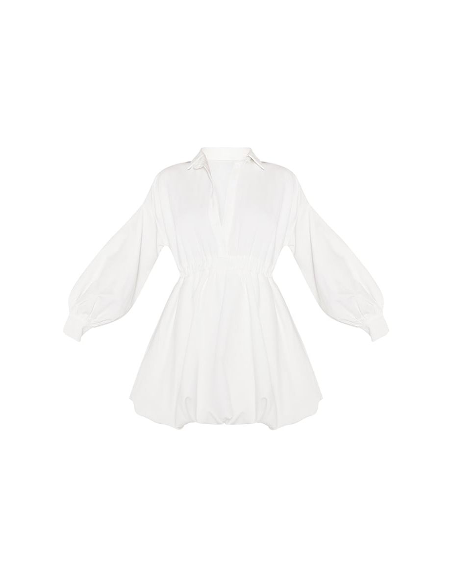White Puffball Hem Shirt Dress - 4