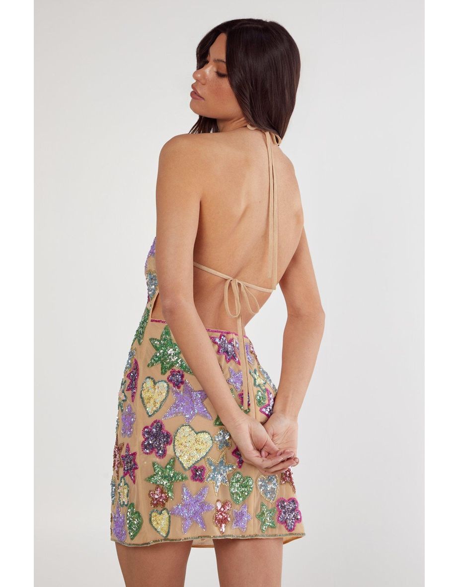 Star And Heart Embellished Halter Neck Mini Dress - 3