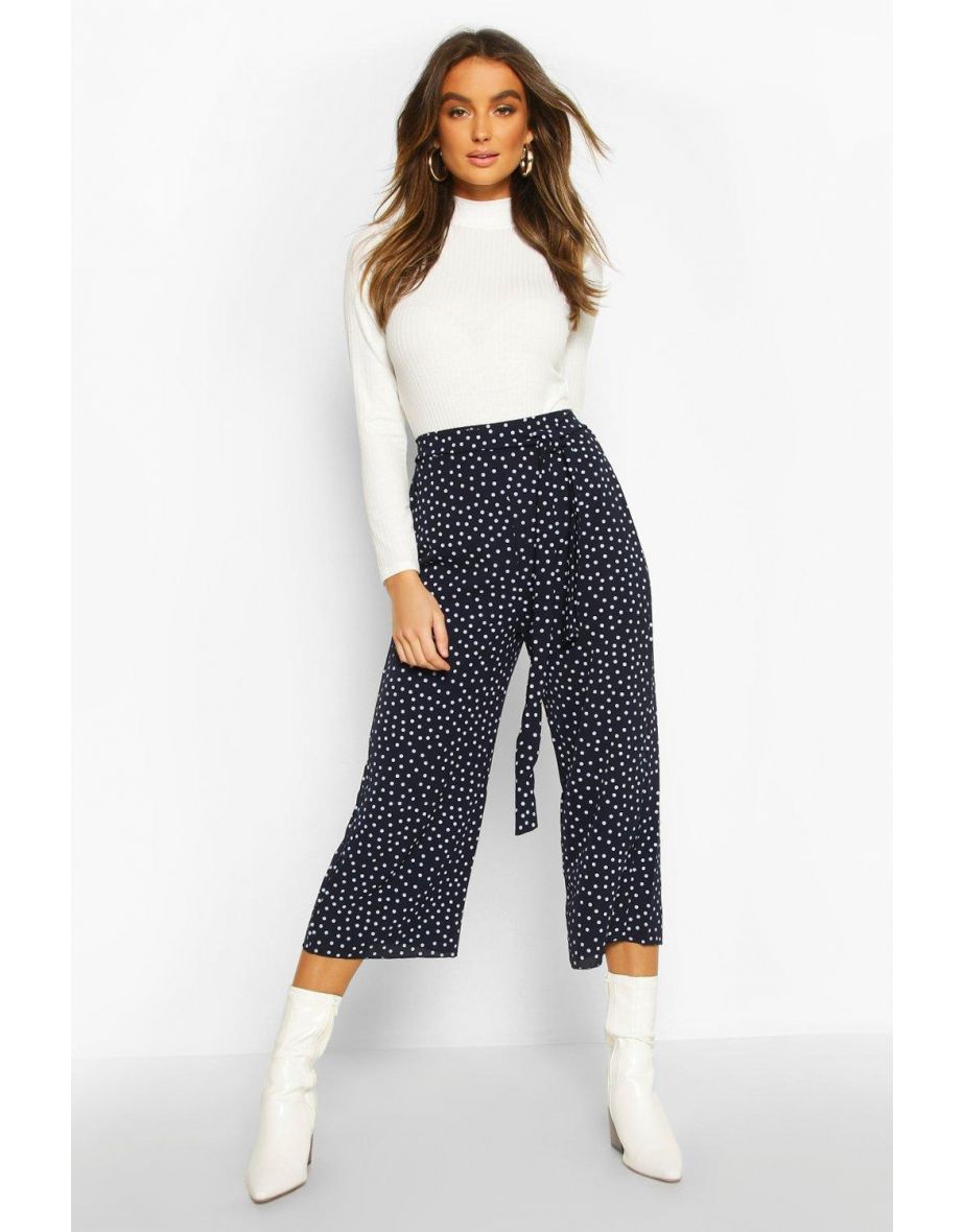 Belted Woven Polka Dot Culottes - navy