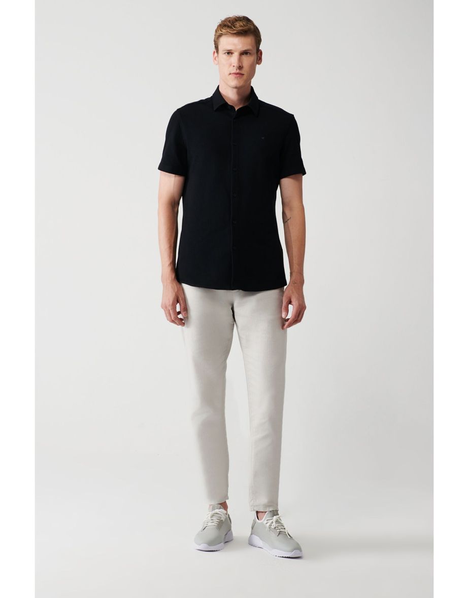 Men's Black Easy-to-Iron Classic Collar Knitted Lycra Cotton Slim Fit Slim Fit Short Sleeve Shirt - 4