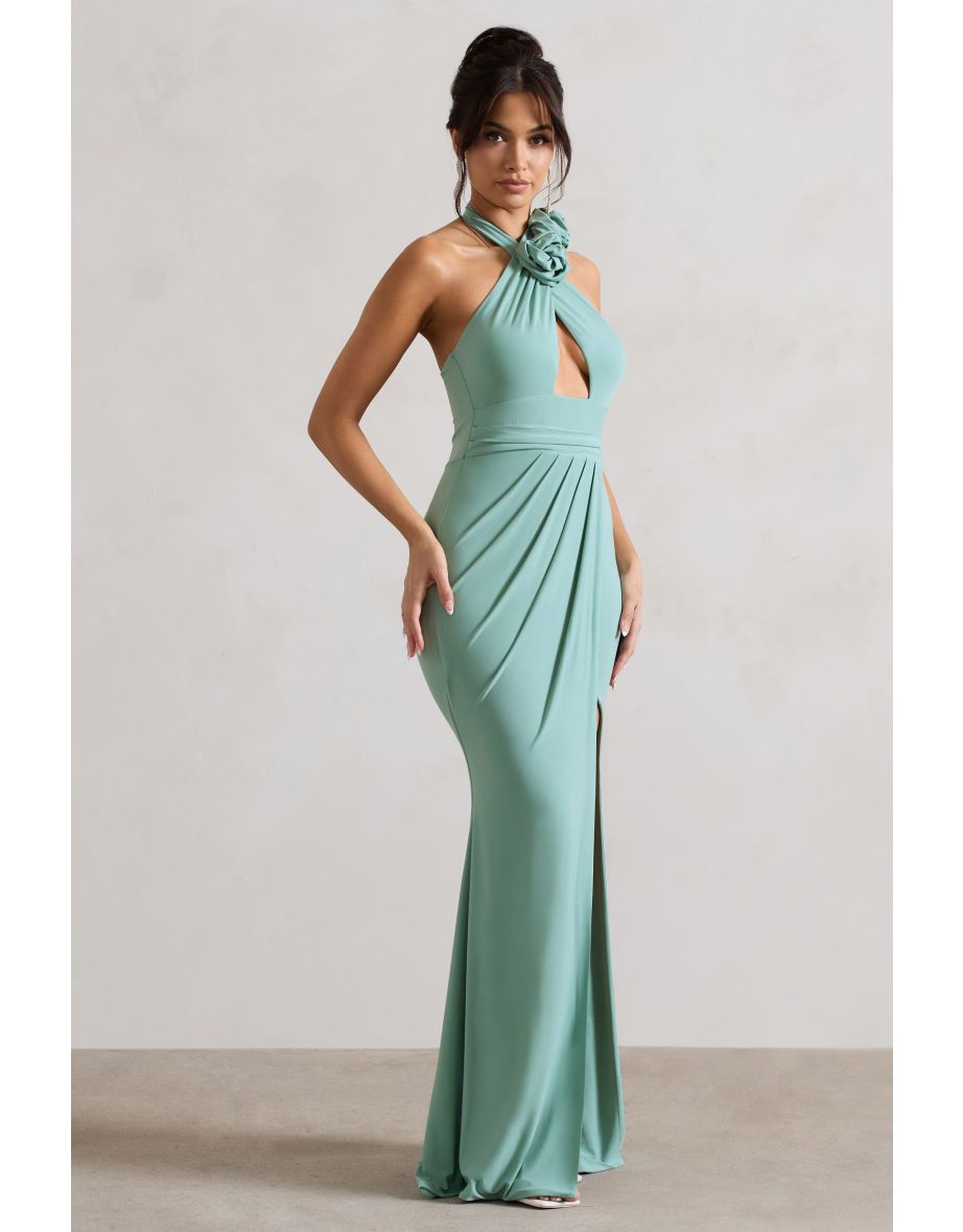 Green Halter Neck A-Line Floor Length Dress - 4
