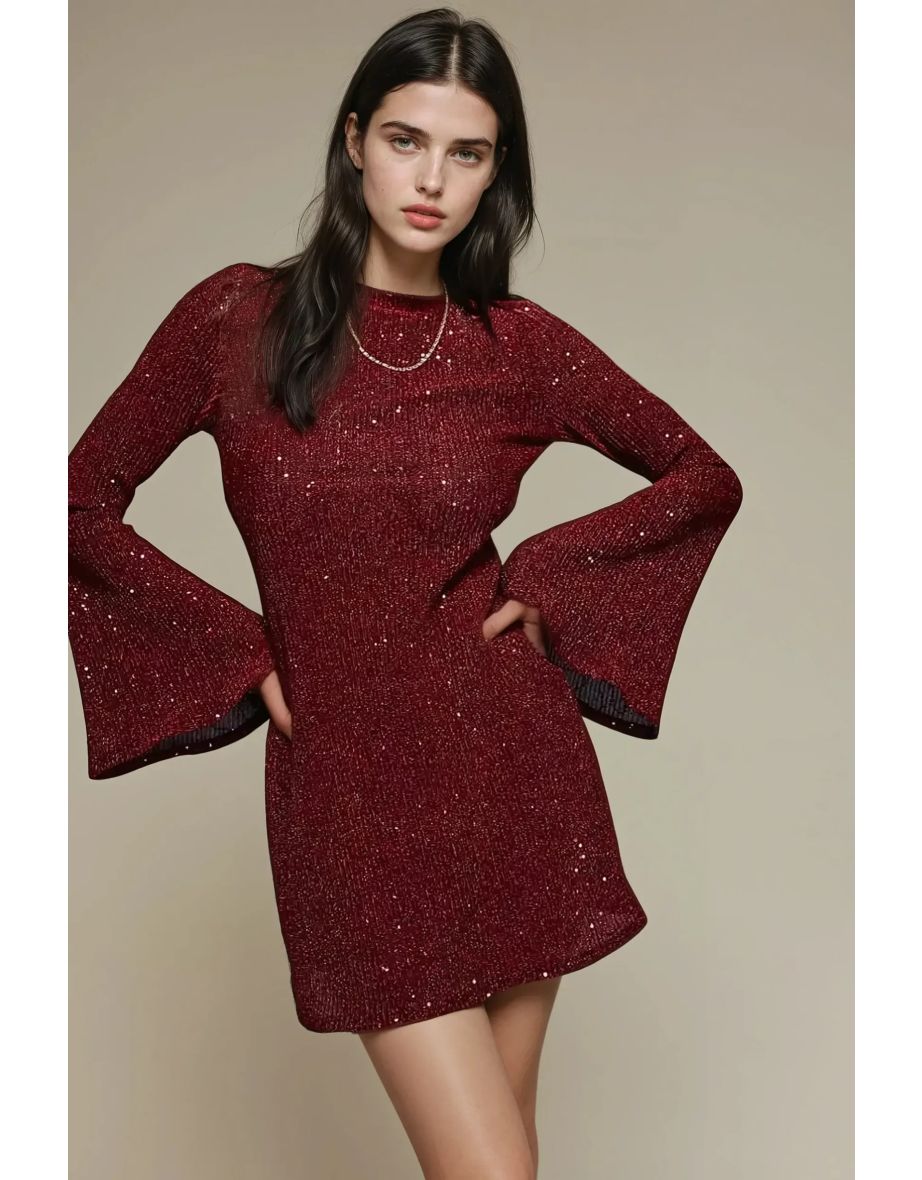 Burgundy Mini Sequin Dress with Angel Arms