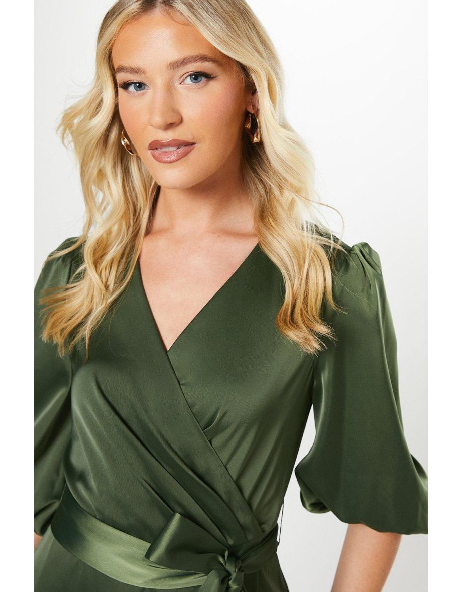 Debut London By Coast Satin Tiered Wrap Dress - olive - 3
