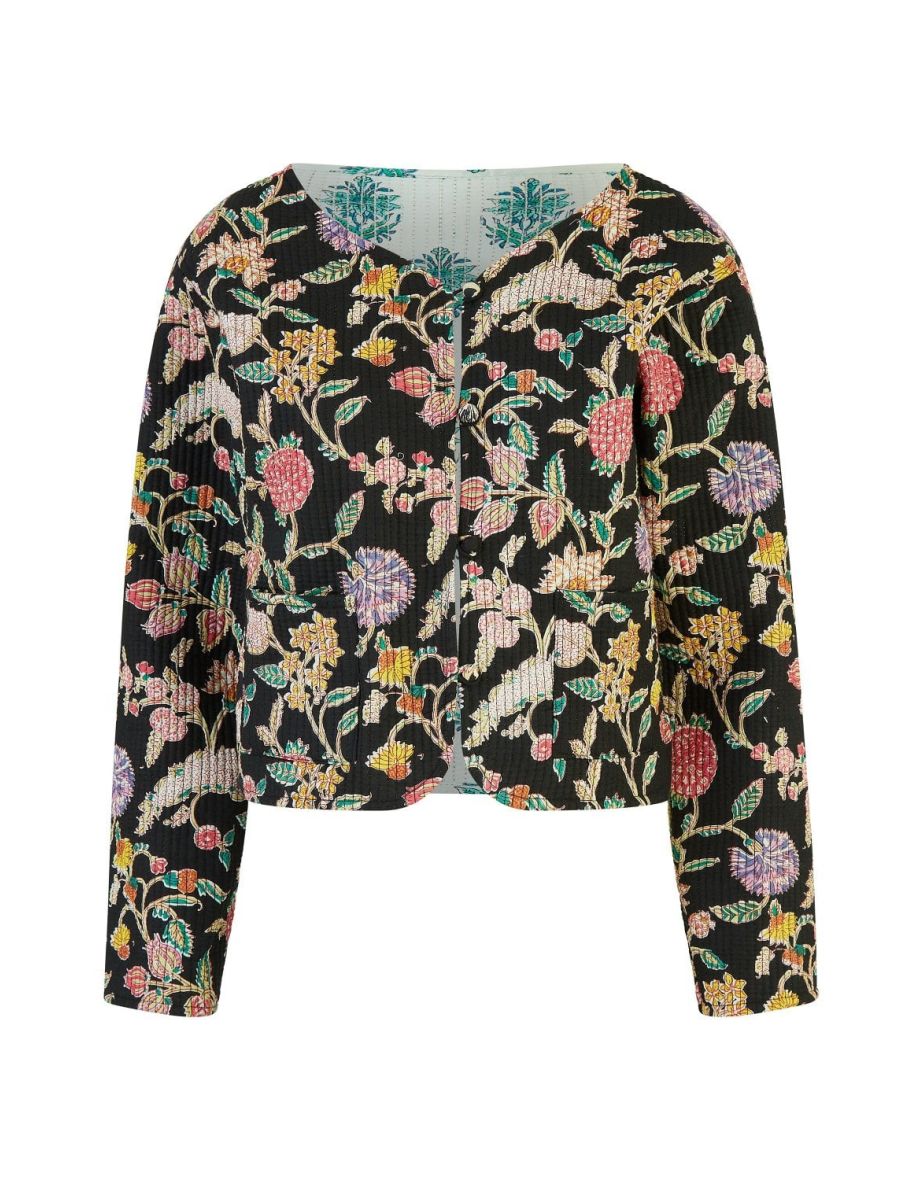 Yumi Black Floral Print Reversible Cotton Cropped Quilted Jacket
