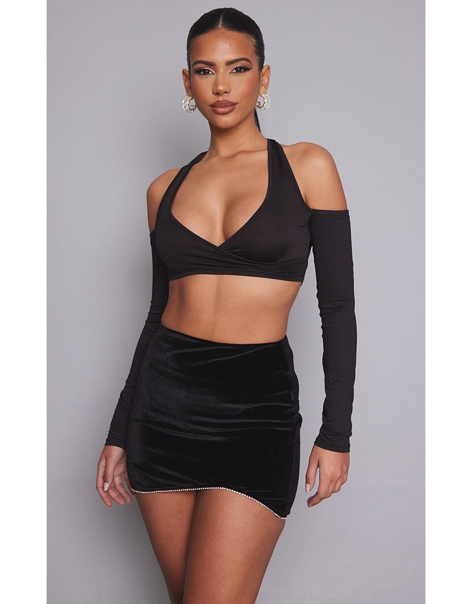 Black Slinky Halterneck Cold Shoulder Long Sleeve Crop Top