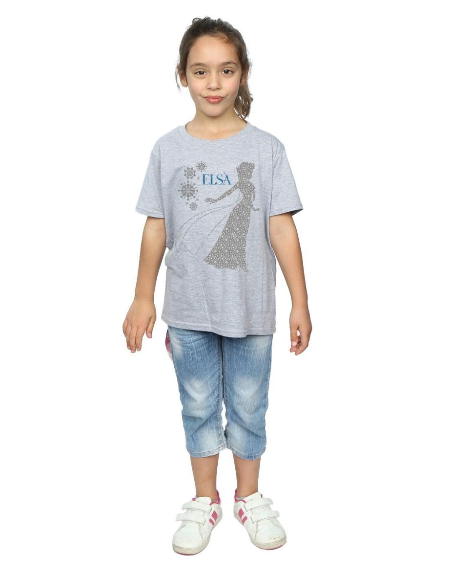 Disney Girls Frozen Elsa Christmas Silhouette Cotton T-Shirt - Sports Grey