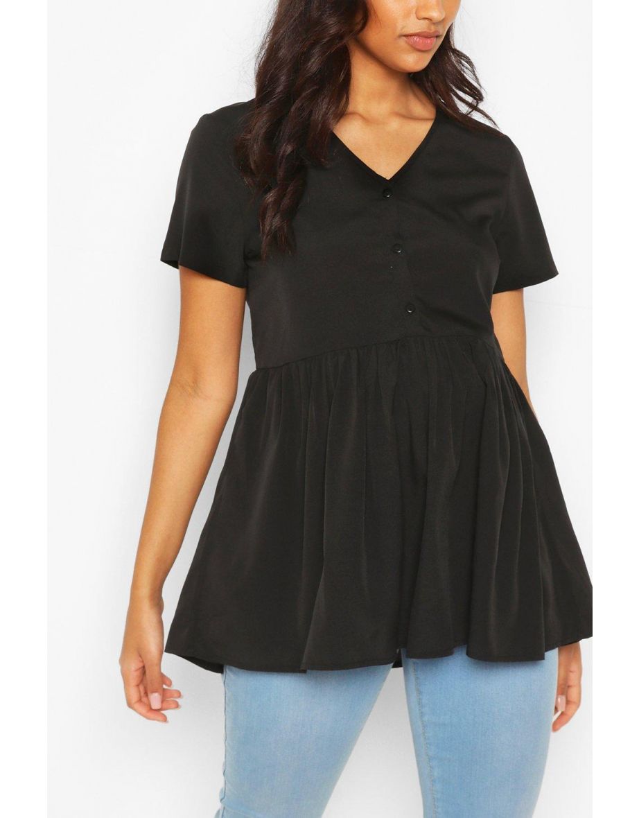 Maternity Button Front Woven Smock Top - black