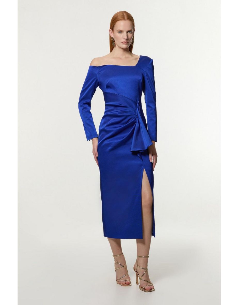 Italian Structured Rib Asymmetric Neckline Draped Tailored Midaxi Dress