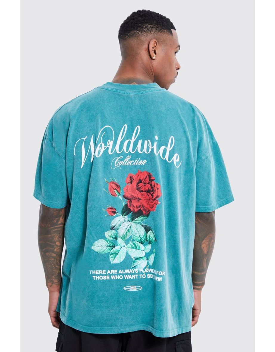 Oversized Overdye Worldwide Floral Graphic T-shirt - dark green