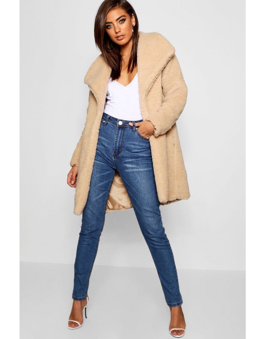 Shawl Collar Teddy Faux Fur Jacket - stone