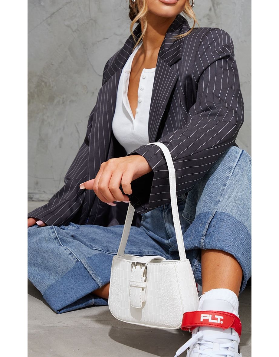 White Croc Buckle Front Shoulder Bag