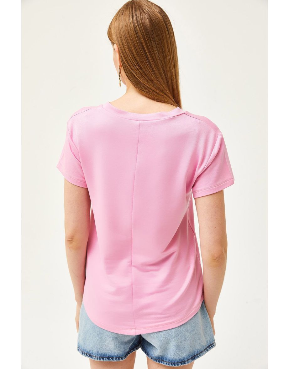 Women's Candy Pink Deep V Neck Modal Button T-Shirt - 4