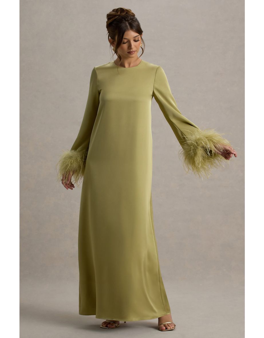 Adella | Light Green Satin Feather-Trim Maxi Dress - 6