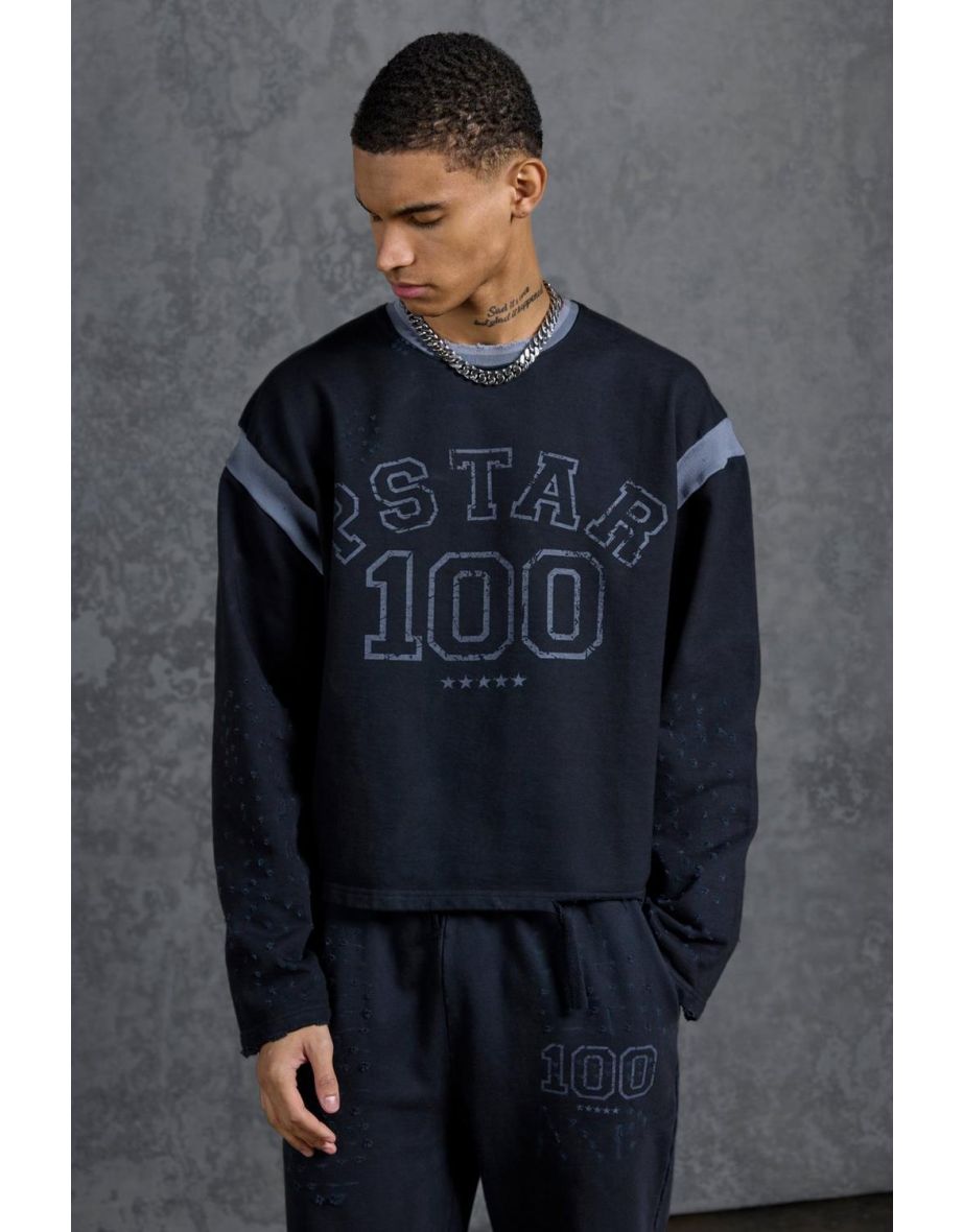 Gunna Oversized Cropped Sweatshirt with 100 Print - washed black