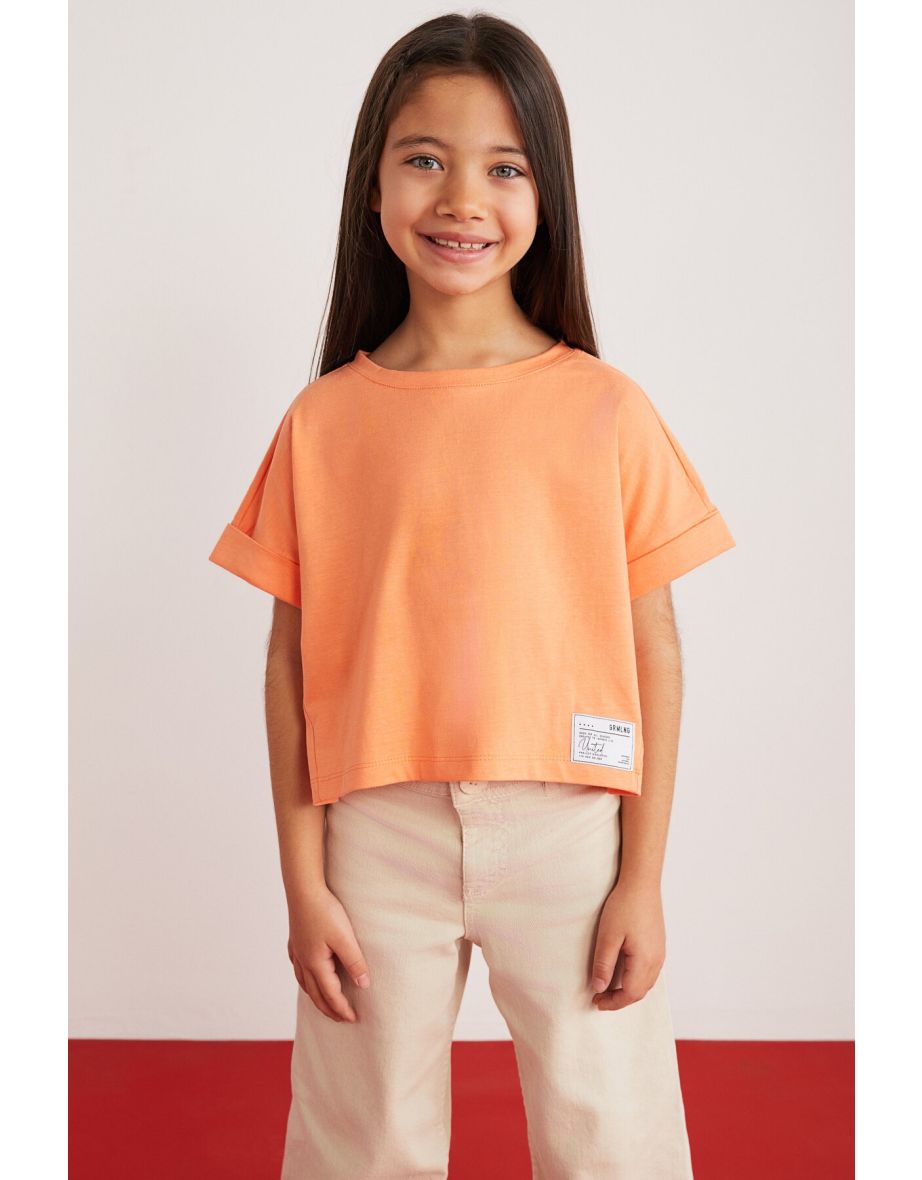Verena Girl's 100% Cotton Double Sleeve Orange T-shirt with Ornamental Label