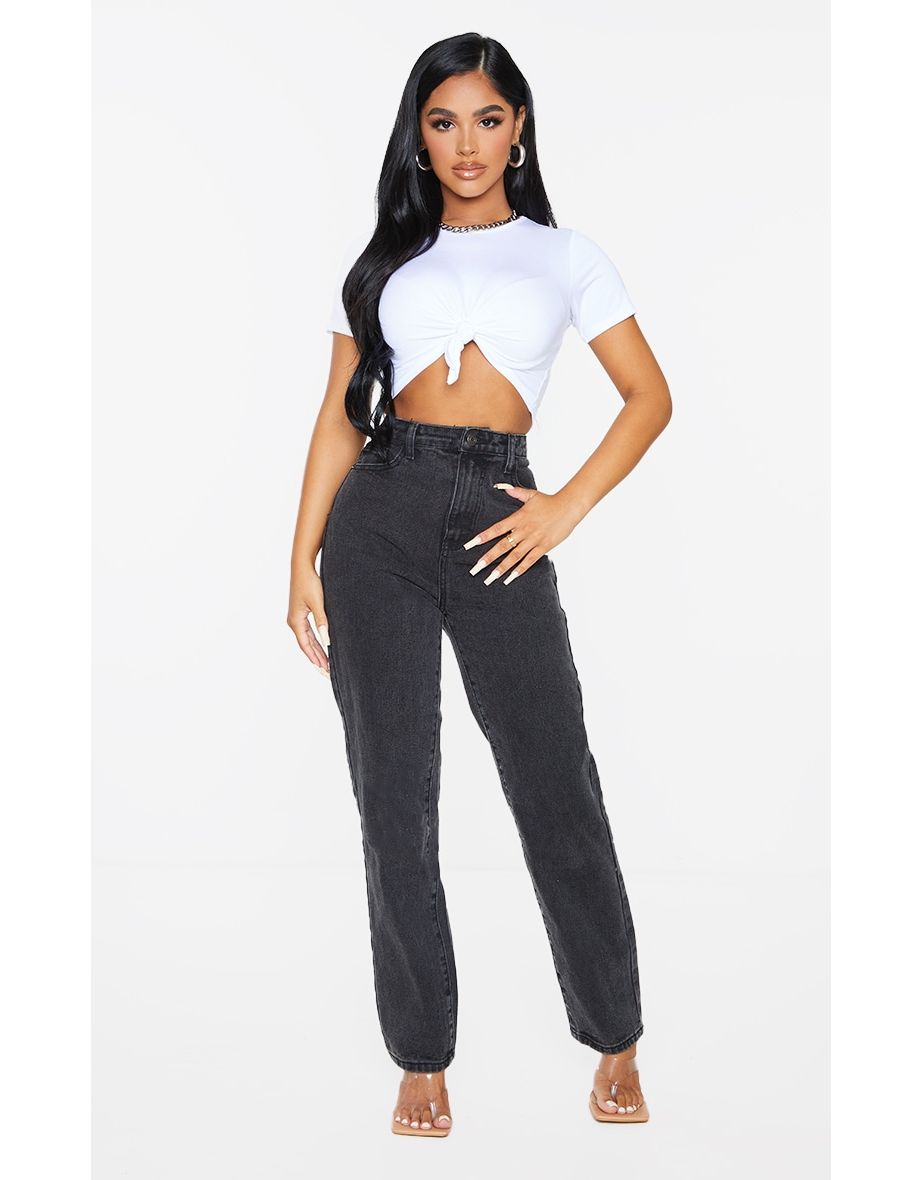 Shop PRETTYLITTLETHING Petite Black High Waist Straight Leg Jeans Online in Oman VogaCloset