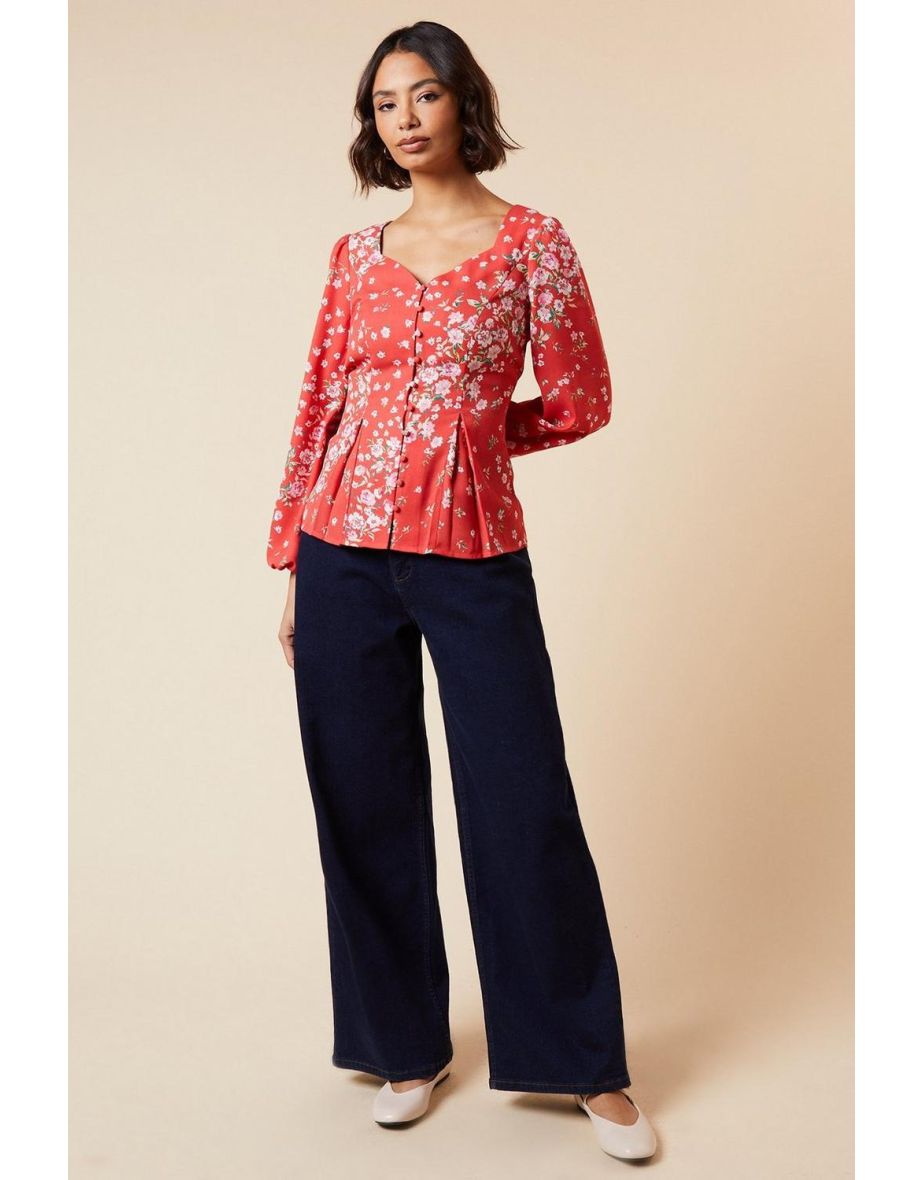 Red Ditsy Floral Button Front Pleated Peplum Long Sleeve Blouse
