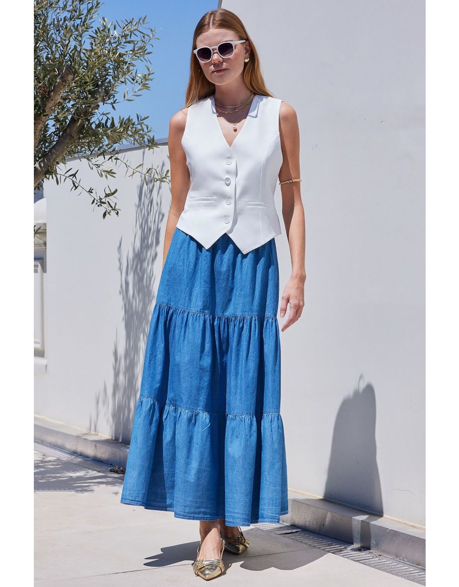 Flounce Long Denim Skirt - 3