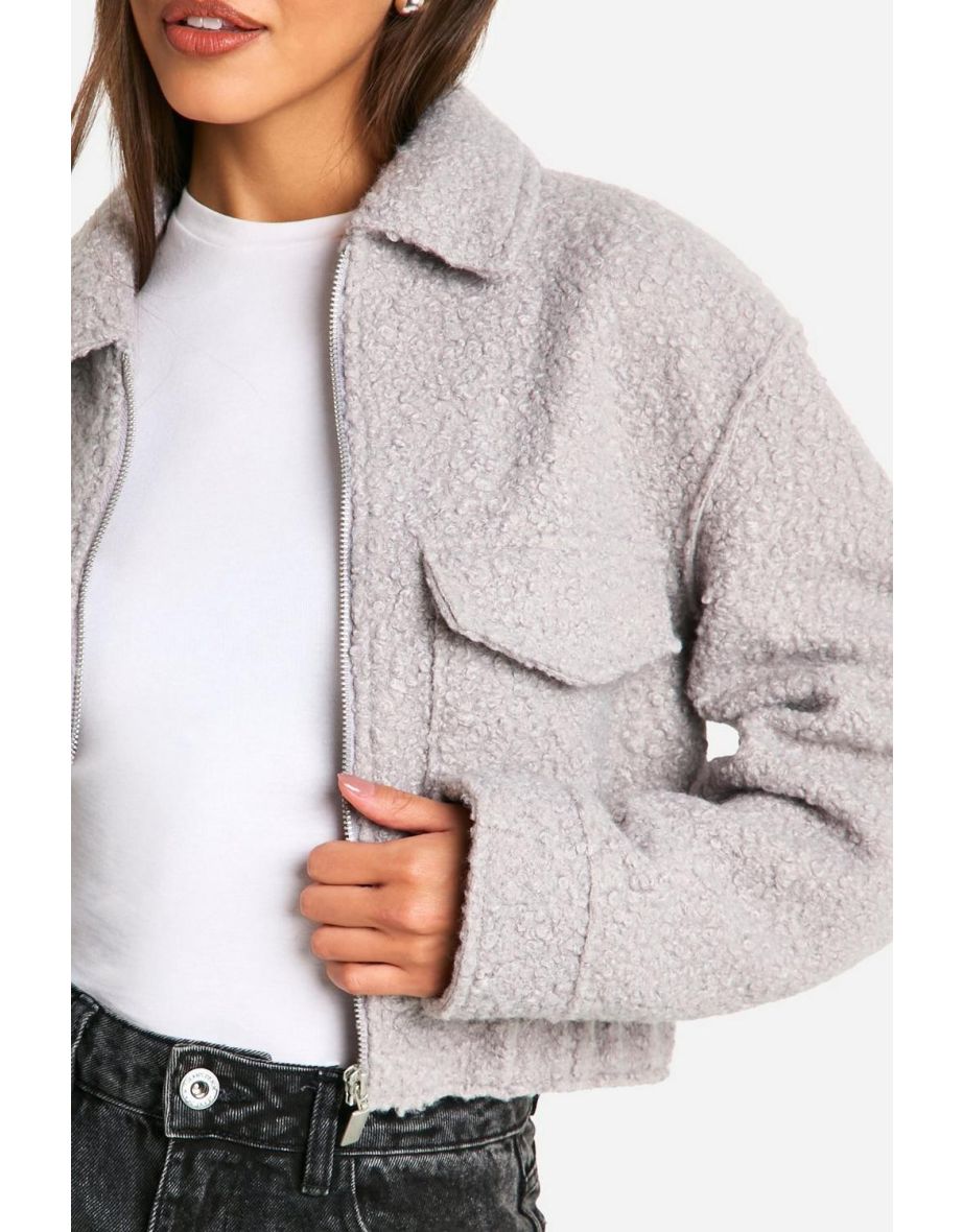 Collared Boucle Wool Look Jacket - grey - 3