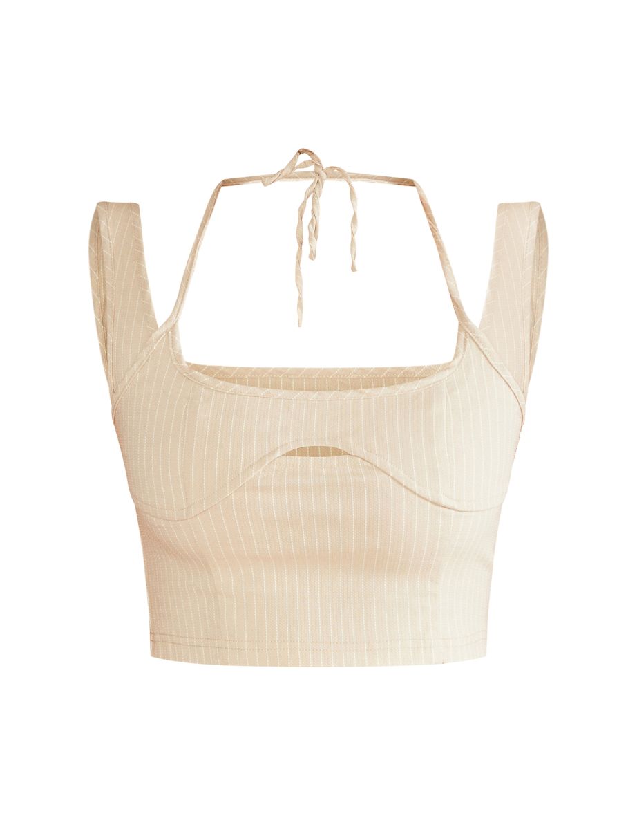 Ecru Tailored Pinstripe Strappy Cutout Crop Top - 4