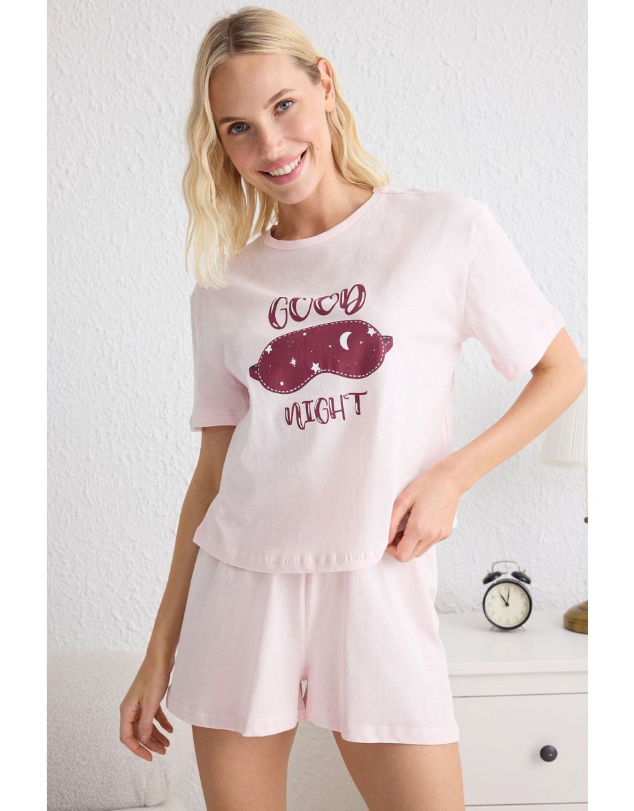 Pink 100% Cotton Slogan Printed Knitted Pajama Set