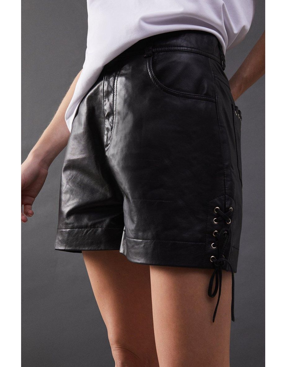 Real Leather Whipstitch Detail Shorts - 3
