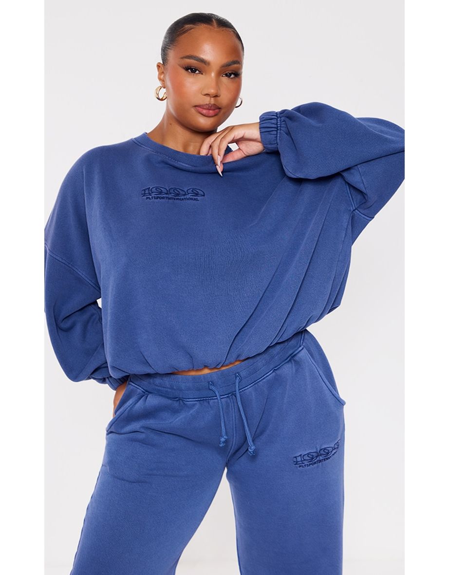 PRETTYLITTLETHING Plus Washed Blue Embroidered Oversized Sweater Jumper