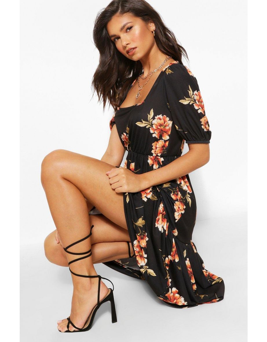 Floral Print Square Neck Tiered Midi Dress - black - 3