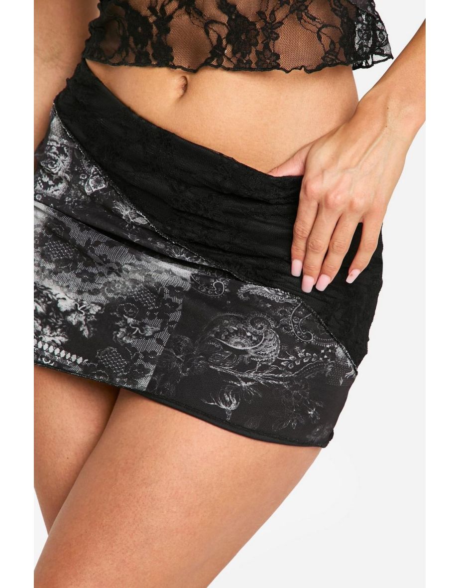 Mixed Lace Jersey Low Waisted Mini Skirt - black - 3