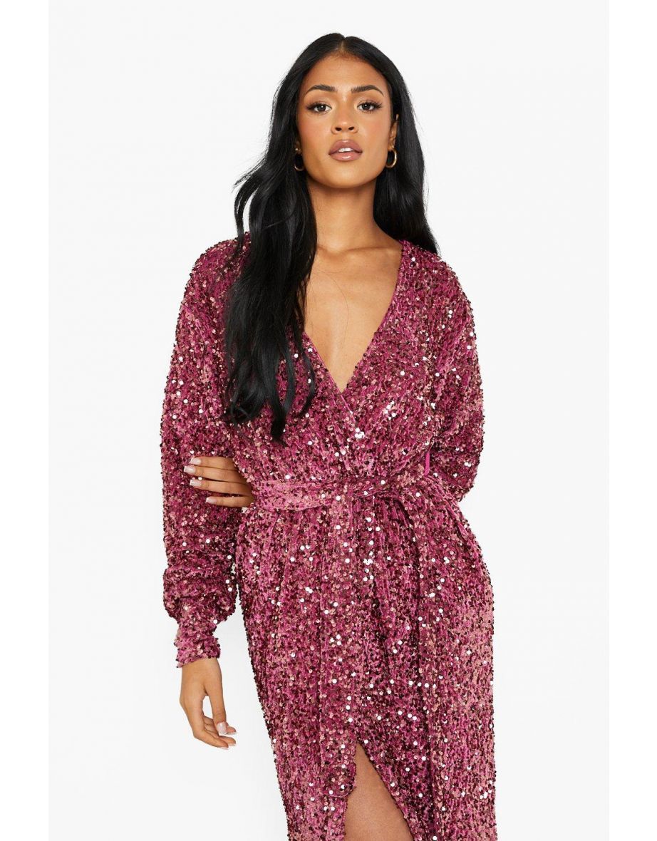 Tall Sequin Velvet Belted Midi Dress - berry - 3